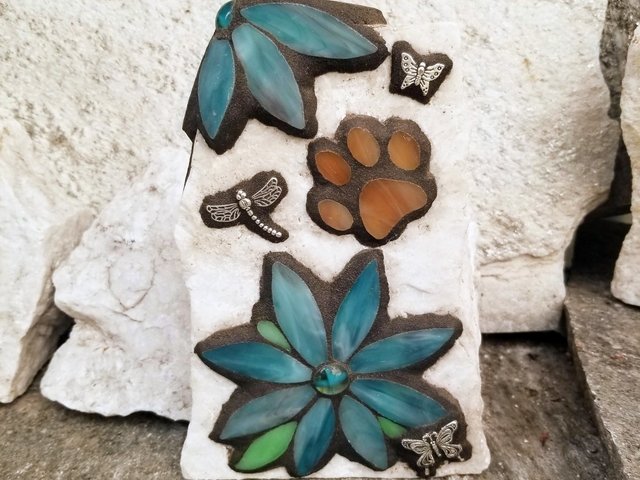 Mosaic Pet Memorial, Teal Flowers Dragonfly Garden Stone, Garden Decor