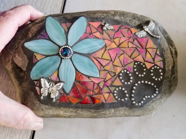 Teal Flower w/Red, Black Paw Print - Garden Stone, Pet Memorial, Garden Decor Dragonflies