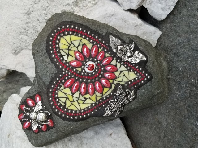 Red and Yellow Flower Mosaic Heart, Garden Stone, Garden Decor