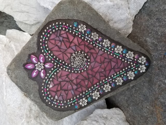 Purple Flower Mosaic Heart, Garden Stone, Garden Decor