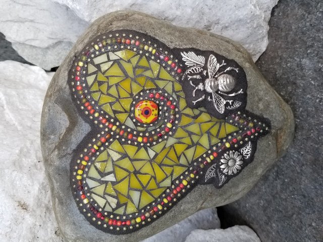 Yellow Mosaic Heart, Mosaic Rock, Mosaic Garden Stone, Home Decor Gardening Gift,