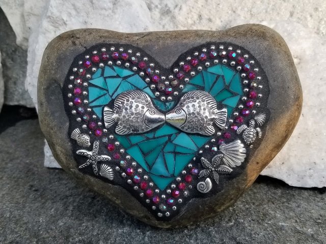 Teal and Red Kissing Fish Heart, Mosaic,  Porch Decor, Beach Decor