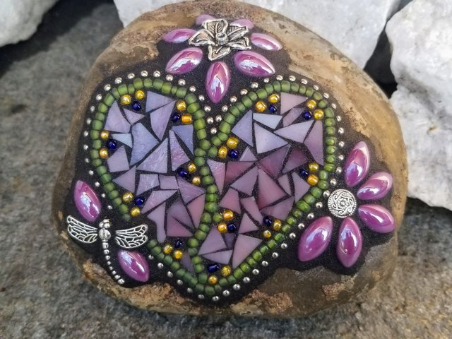 Purple Flower Mosaic Heart, Garden Stone, Garden Decor