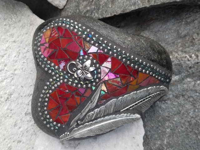 Iridescent Red Feather Mosaic Heart, Garden Stone, Garden Decor