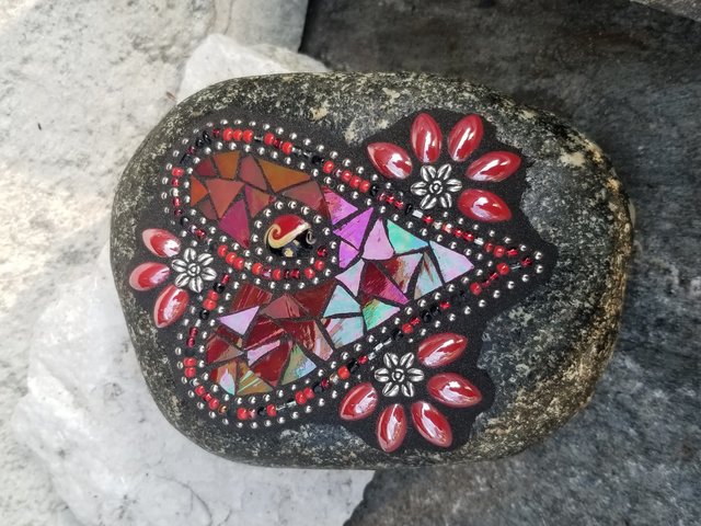 Iridescent Red Heart, Mosaic Garden Stone Valentine Heart