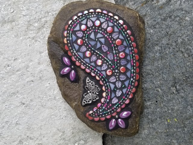 Paisley Iridescent Pink Mosaic, Mosaic Rock, Mosaic Garden Stone,