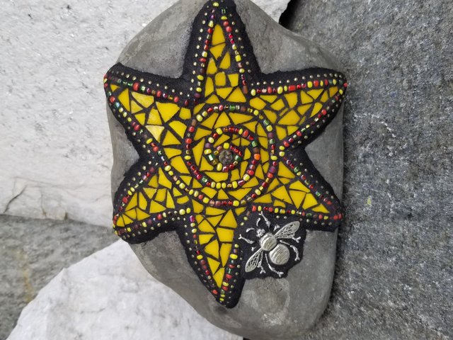 Yellow Mosaic Sun, Bee and Flowers Garden Stone, Garden Decor