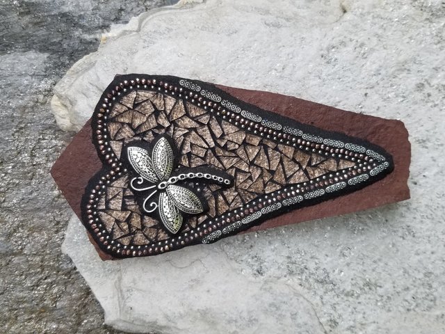 Copper Brown Heart, Wall Hanging Slate, Dragonfly Mosaic Garden Stone, Porch Decor, Wall Decor