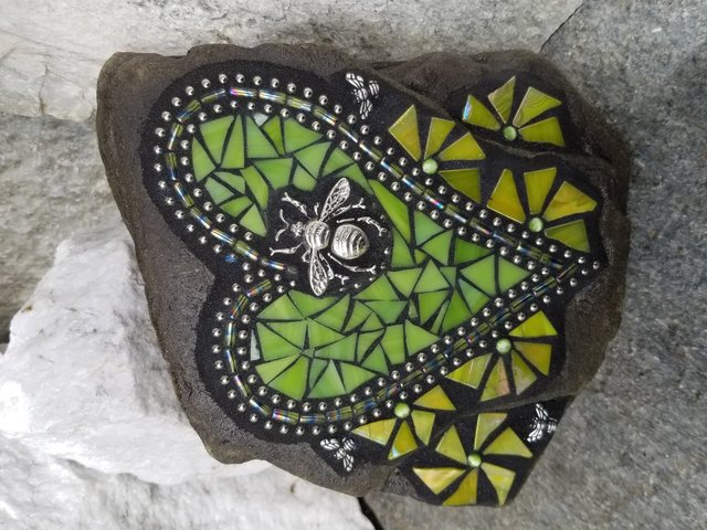Lime Green Mosaic Heart Garden Stone with Yellow Pinwheel Flowers