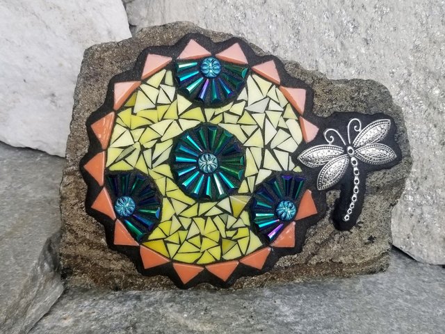 Yellow Mosaic Sun, Bee and Flowers Garden Stone, Garden Decor