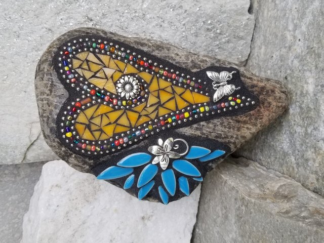 Orange Mosaic Heart Garden Stone with Blue Layered Flower