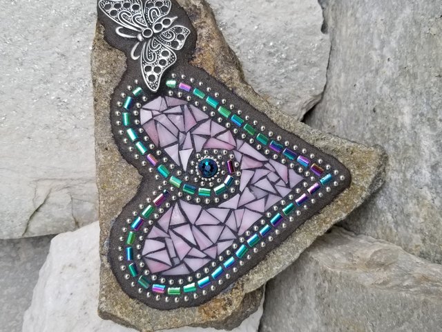 Pink Mosaic Heart Garden Stone with Butterfly