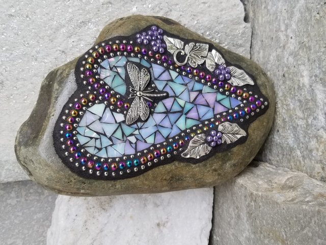 Iridescent Blue Mosaic Heart, Garden Stone, Garden Decor