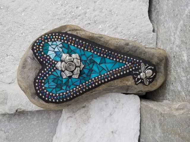 Turquoise Blue Heart, Rose  Mosaic / Garden Stone