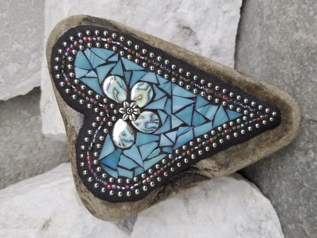 Dusty Teal Blue Mosaic Heart Garden Stone 