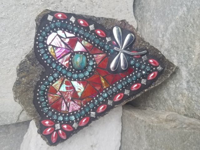 Iridescent Red Mosaic Heart Garden Stone with Dragonfly  