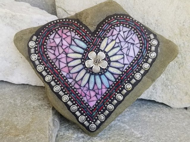 Pink Heart Mosaic Garden Stone