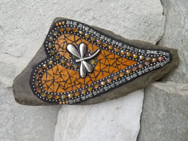 Amber Mosaic Heart Garden Stone with Dragonfly