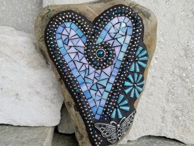 Iridescent Blue Mosaic Heart, Blue Flowers, Garden Stone