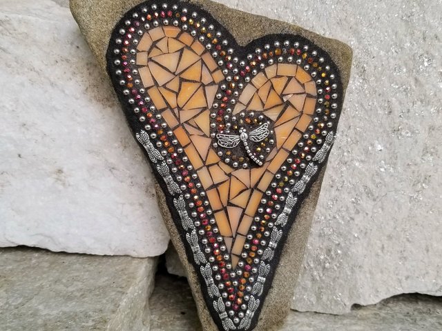 Orange Mosaic Heart Garden Stone with Dragonfly