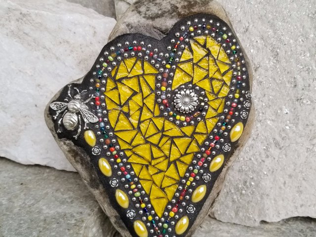 Bright Yellow Mosaic Heart Garden Stone with Bee