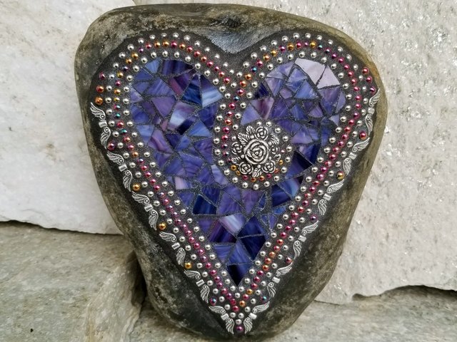 Purple Mosaic Heart Garden Stone with Angel Wings