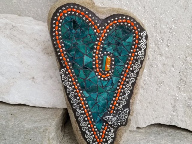 Dark Teal Mosaic Heart Garden Stone with Butterflies  