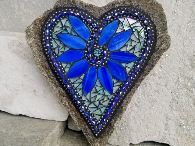 Large Blue Heart Mosaic Garden Stone