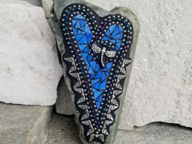 Blue Mosaic Heart Garden Stone with Angel Wings and Dragonfly