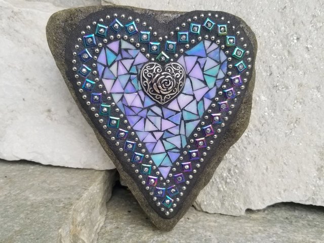 Iridescent Blues Mosaic Heart Garden Stone 