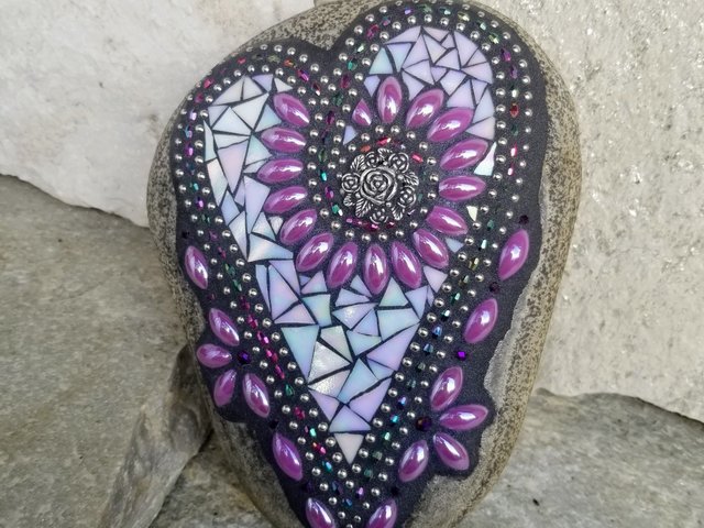 Iridescent Lavender Mosaic Heart, Purple Flowers, Garden Stone