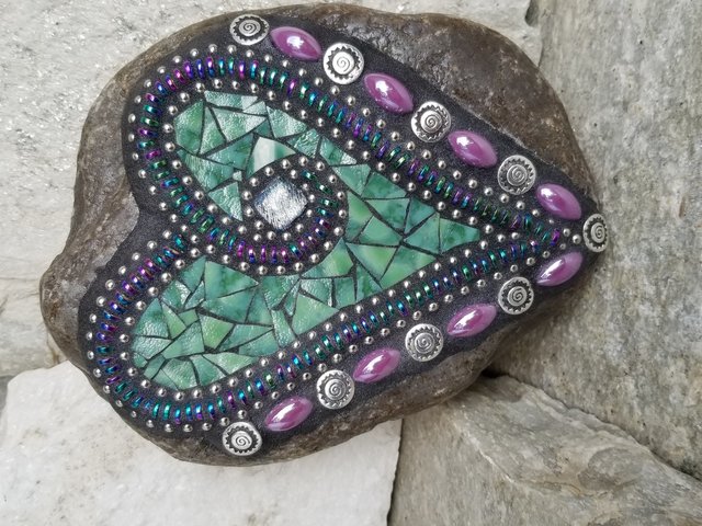 Green Mosaic Heart Garden Stone with Purple Flower Petals