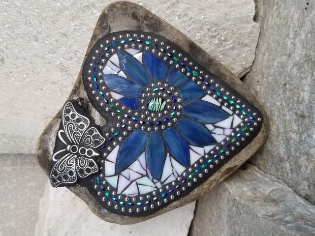 Iridescent White Mosaic Heart Garden Stone with Butterfly