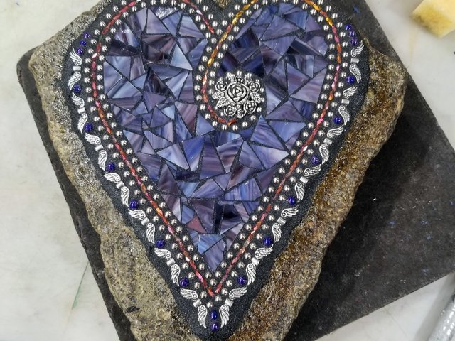 Custom Purple Mosaic Heart Garden Stone with Angel Wings