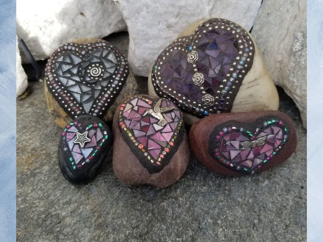 Mosaic Garden Stone Set of 5  #12 Group Mosaic Hearts  