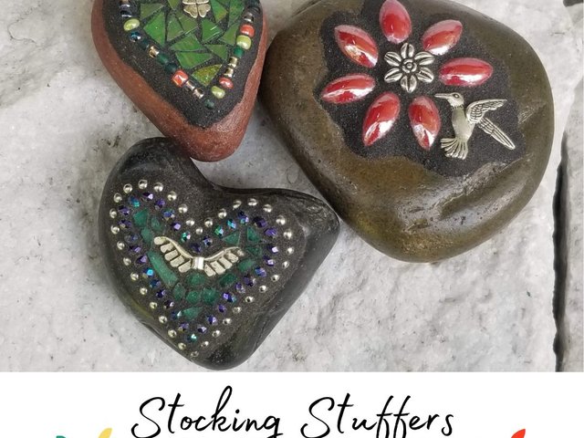 Mosaic Garden Stone Paperweights, Secret Santa Stocking Stuffer, #5 Group Mosaic Heart and Rocks,   