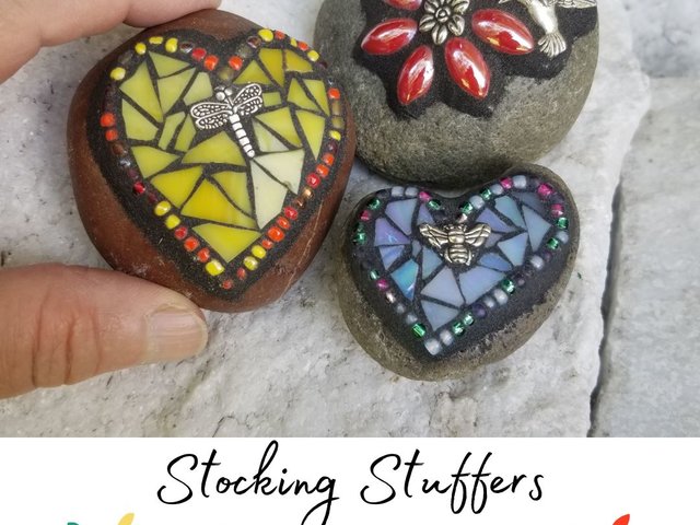 Mosaic Garden Stone Paperweights, Secret Santa Stocking Stuffer, #1 Group Mosaic Heart and Rocks 